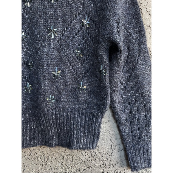 ASTR REVOLVE Gray Jewel Embellished Mock Neck Puff Sleeve Pointelle Wool Sweater - Picture 7 of 14